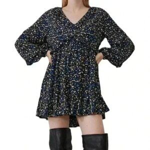 ZARA Dress Floral Mini Long Sleeves Black Blue Yellow Chiffon Y2K Women's Med